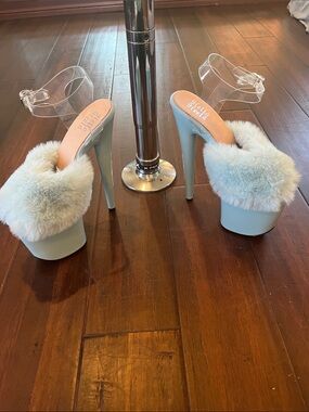 Sky Blue Hella Heels Faux Fur 8 inch Heels clear Ankle Strap size US 8/UK 39